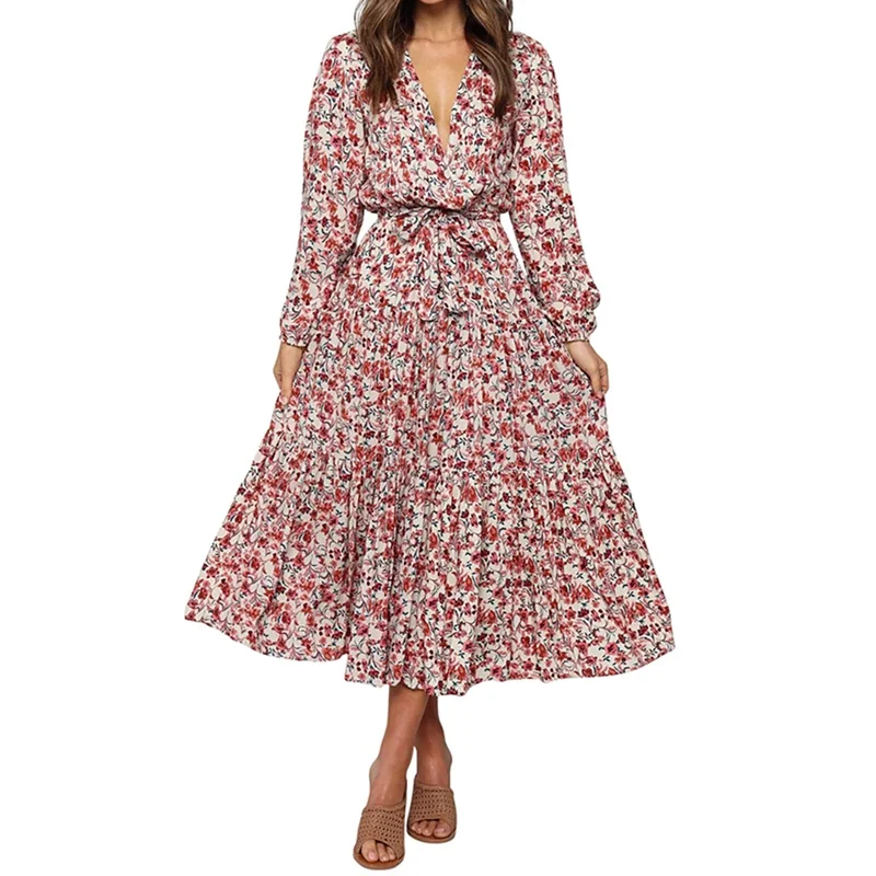 

2019 Autumn And Winter Casual Floral Long-sleeved V-neck High Waist Lace Long Dress Red XL