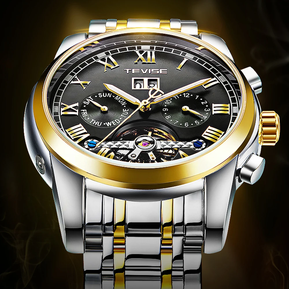 

Mechanical Watch Men Tourbillon Automatic Mens Watches Luxury Brand Tevise Wristwatch Silver Gold Stainless Steel reloj hombre