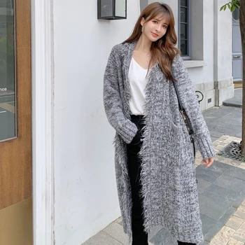 

autumn winter new long oversized knees tassel cardigan sweater with pockets open stitch knitting sweaters coat fashion