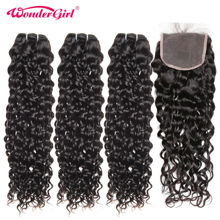 

Remy Peruvian Hair Water Wave Bundles With Closure 100% Human Hair Bundles With Closure Wonder girl Hair Extensions