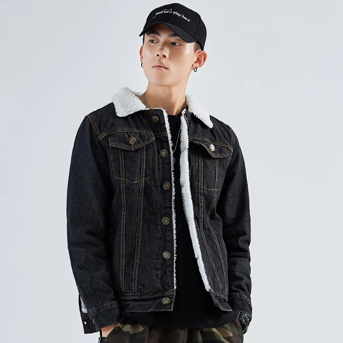 

Plus Velvet MEN'S Coat Winter New Style Thick Warm Fashion Solid Color Loose-Fit Lambs Wool MEN'S Denim Jacket