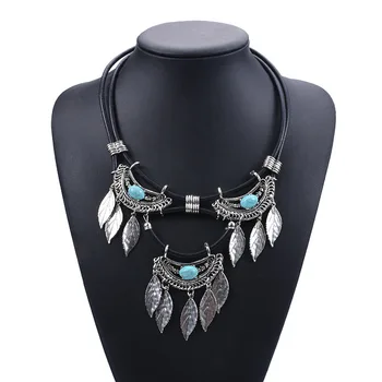 

BK Black Rope Necklace Double Layers Vintage Metal Leaf Leaves Resin Turquoise Pendant Punk Statement Bib Collar Choker Jewelry