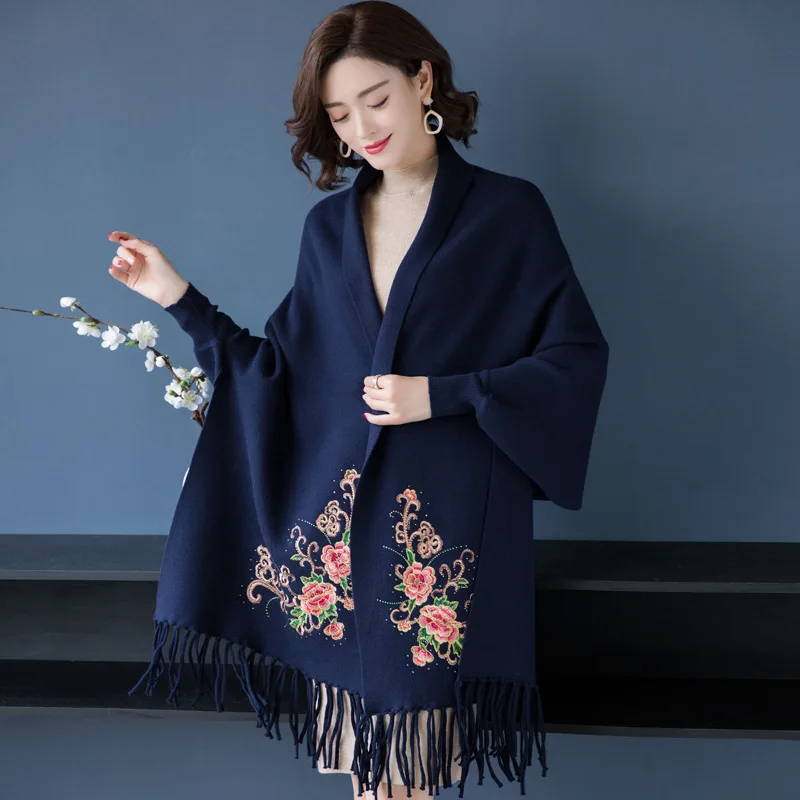 ^*Best Offers Autumn And Winter New Style Tassels Shawl WOMEN'S Dress Embroidery Cloak Bat Sleeve Cardigan Knitted Sweater Thick Coat ^*Best Offers Autumn And Winter New Style Tassels Shawl WOMEN'S Dress Embroidery Cloak Bat Sleeve Cardigan Knitted Sweater Thick Coat