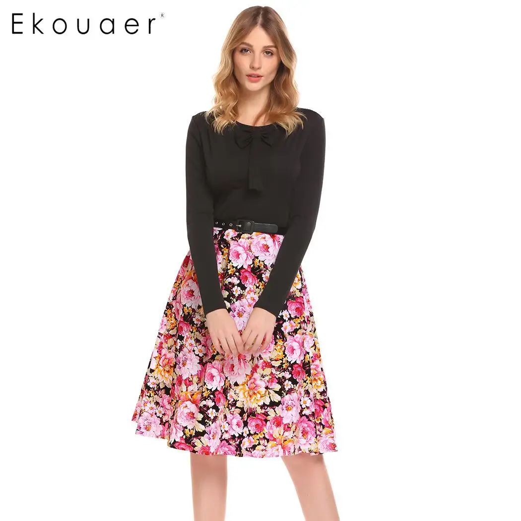 Ekouaer Women Elegant Dress Spring Autumn Party Gown Casual O Neck Long