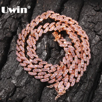 

UWIN 9mm Iced Out Women Choker Necklace Rose Gold Metal Cuban Link Full With Pink Cubic Zirconia Stones Chain Jewelry