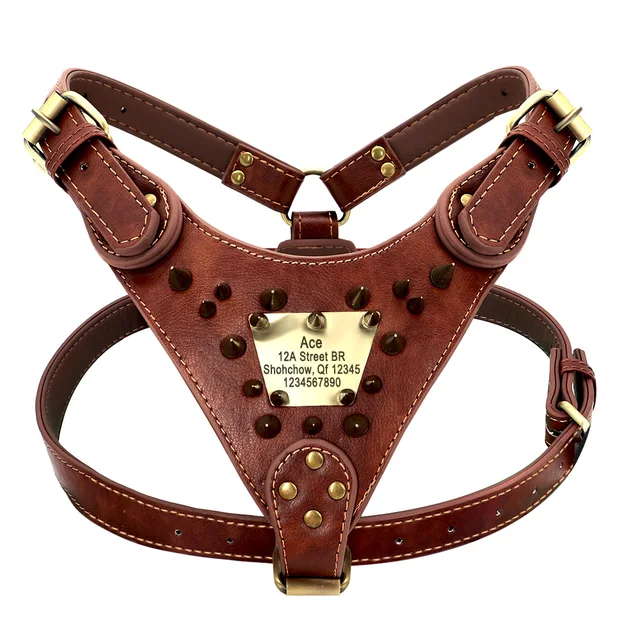 Personalized Leather Dog Harness Sharp Spiked Studded Dog Harness Custom ID Tag Harnesses Pet Vest For Pitbull Boxer Mastiff 3