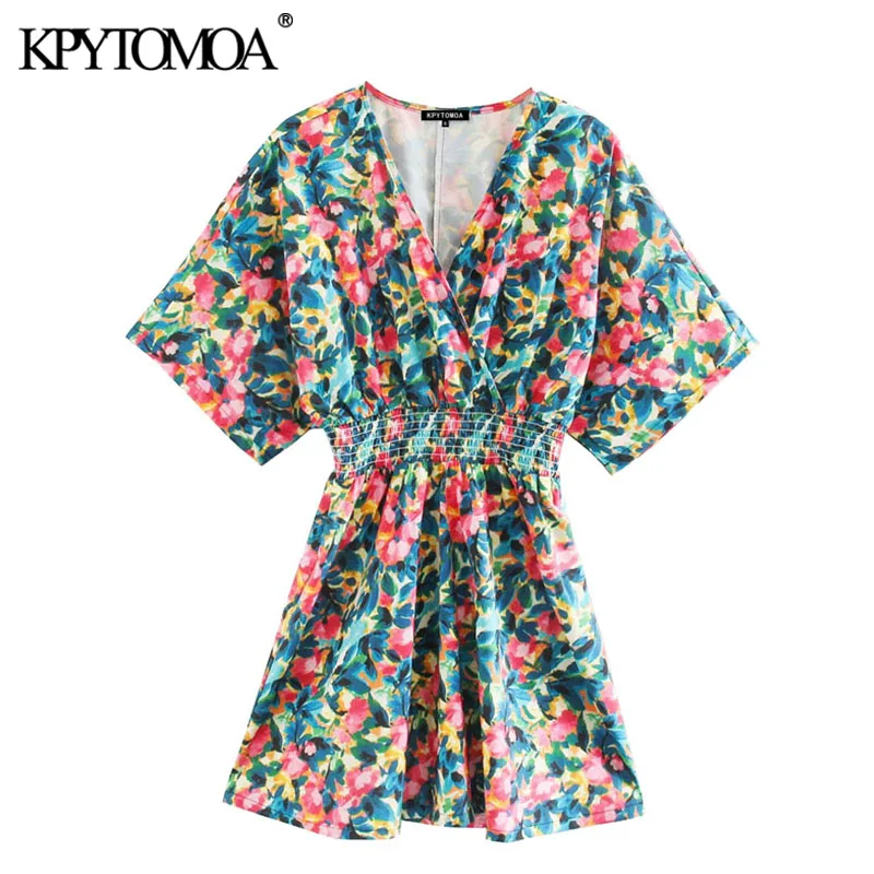 KPYTOMOA Women 2020 Chic Fashion Floral Print Pleated Mini Dress Vintage Short Sleeve Elastic Waist Female Dresses Vestidos
