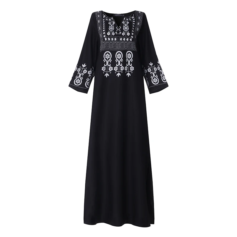 Осеннее винтажное Летнее Длинное Платье женское ZANZEA макси Vestidos богемное цветочное с разрезом плюс размер туника 3/4 рукав v-образный вырез - Цвет: Black
