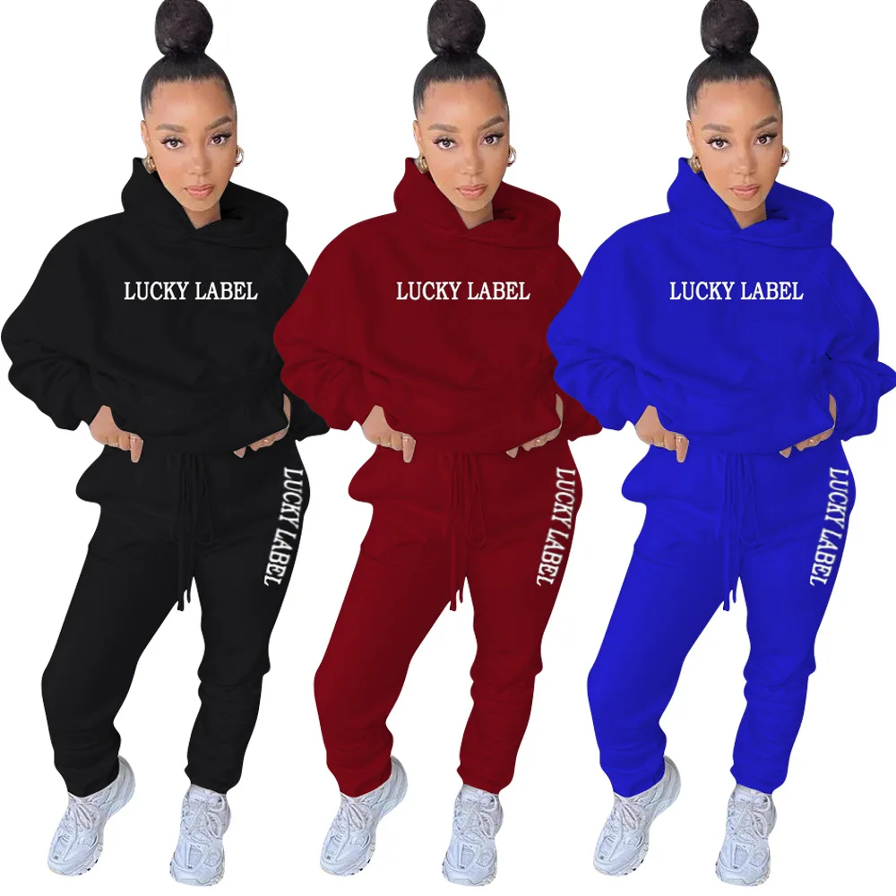 

Streetwear Lucky Label Sweatsuit Women's Set Hoodies Tops Jogger Pants Set Active Tracksuit Two Piece Fitness Outfit Set