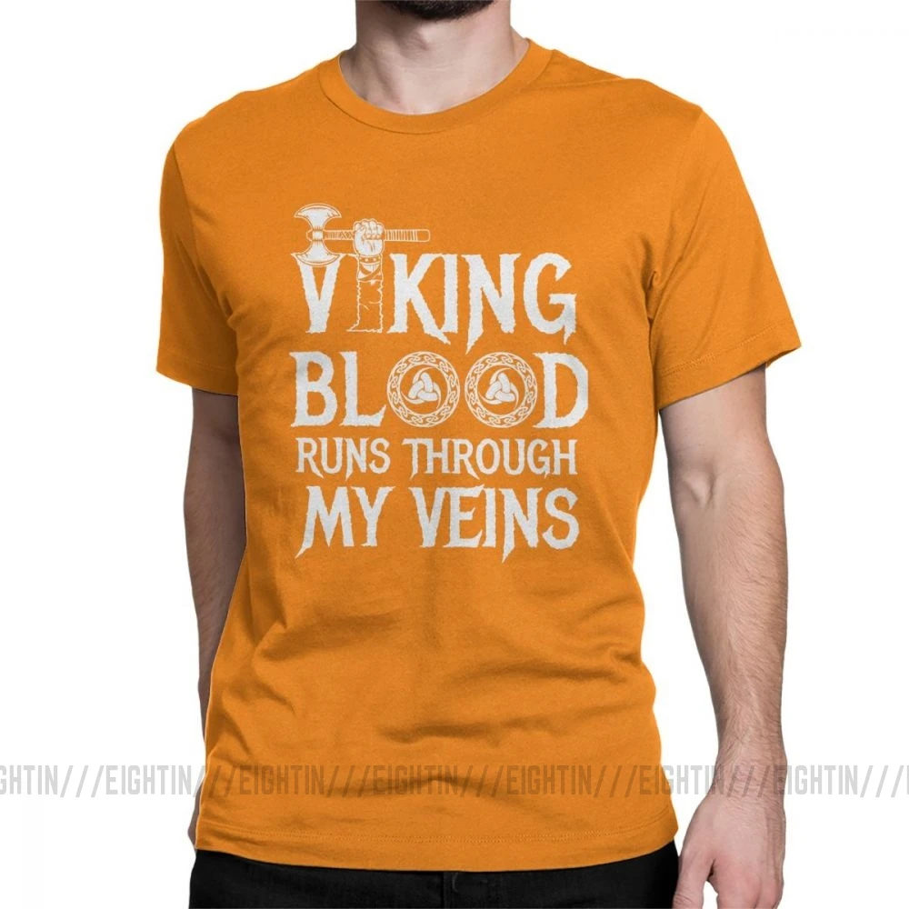 Футболка с викингом Blood Runs In My Viens Valhalla, Мужская Дизайнерская одежда, модные футболки с круглым вырезом из хлопка - Цвет: Оранжевый