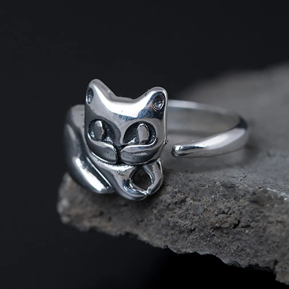 

Cute Kitten Open Ring S925 Silver Ring For Men For Women Polished Craft Animal Hand Design New Trendy Dropshipping