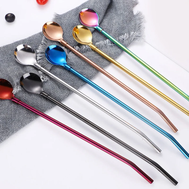 14 Colors Stainless Steel Long Metal Drinking Straw Spoon with Cleaning Brush Tea Coffee Bar Kitchen Party Drink Accessories | Дом и сад