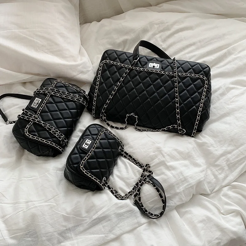 

2019 New Korean Lingge (large medium and small) 3-piece chain shoulder bag embroidered line Joker slung tote bag