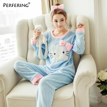 

Perfering 2 Piece Sleepwear Pajamas Set Long Sleeve Pajamas Suit Female Homewear Flannel Cartoon Thick Warm Women Cute Animal