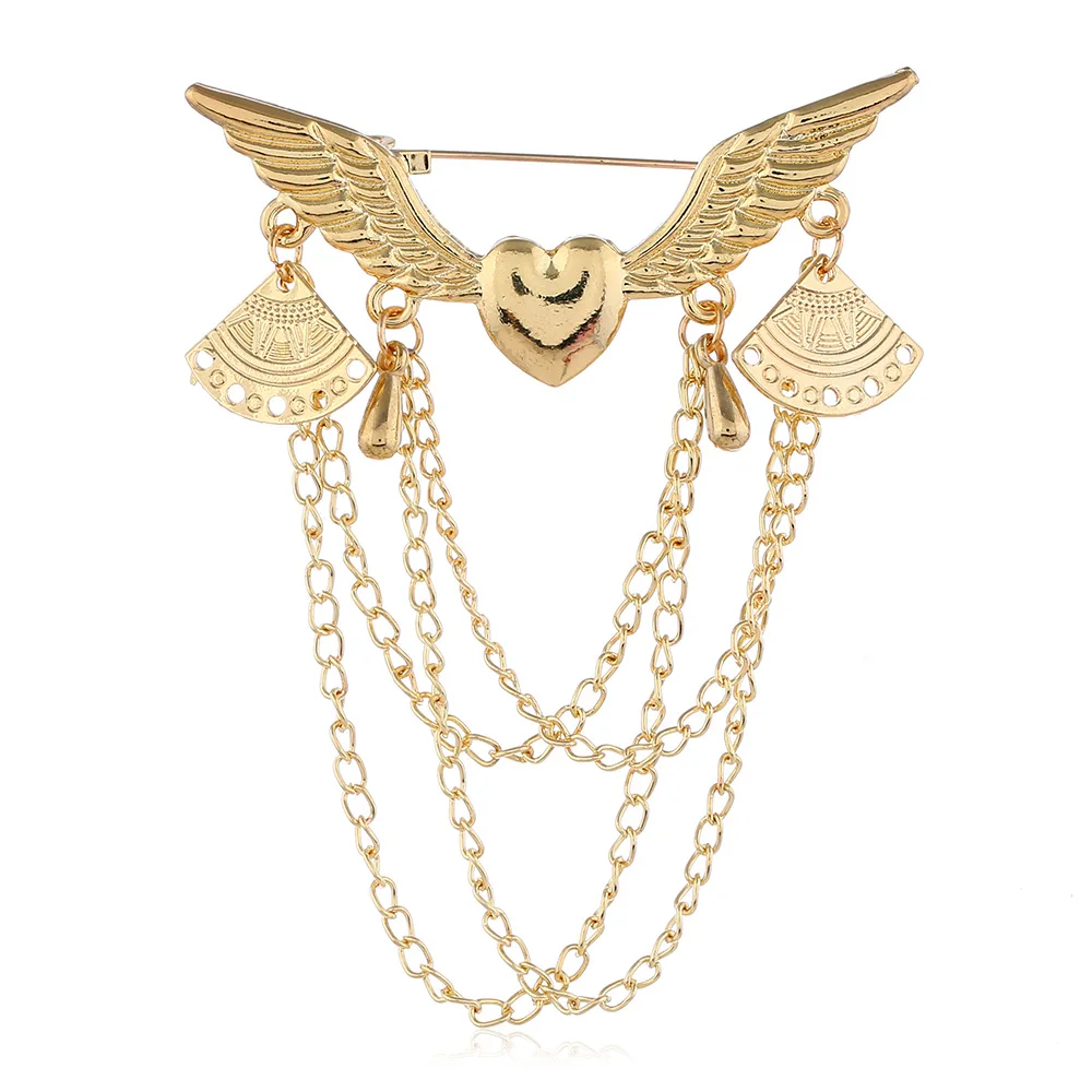 

Europe And America Creative Heart Wing Brooch Ornament Retro Tassels Multilayer Chain Collar Pin Business Suit Corsage Pin Buckl