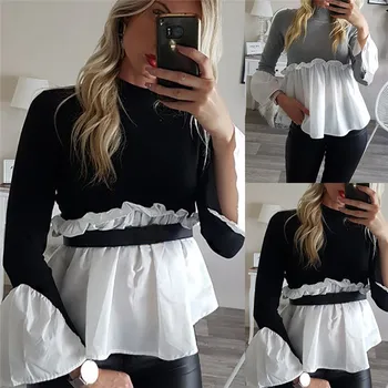 

Fashion Women Ladies High Neck Long Sleeve Tops Casual Ruffle Hem T Shirt Blouse Jumper Turtleneck Pullover Sweater Blouse