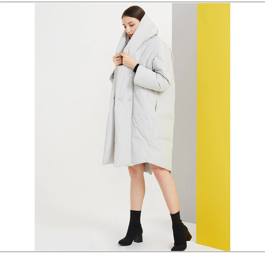 kjmyyx New Winter Jacket Women Elegant Turn Down Collar Office Lady Goose Down Jacket Long Style Warm Loose Female Overcoat