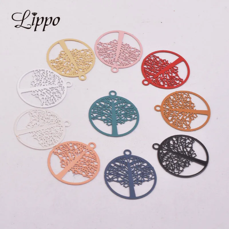 50pcs AC5448 18*21mm Painted Brass Life Tree Charm Small Trees Watermark Pendant Filigree Jewelry Earring Findings