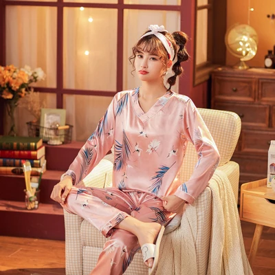 ladies pajama WAVMIT Long Sleeve Pajamas Silk Set 2 Pcs Women Sleepwear Shirt Nightwear for Women  Top Pant Home Wear Young Girl Pyjamas silk pajamas Pajama Sets