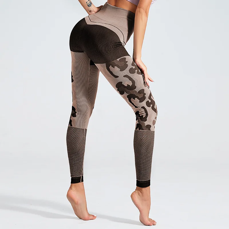 Женские камуфляжные бесшовные леггинсы с высокой талией брюки для йоги с сеткой одежда для фитнеса спортивные колготки женские эластичные спортивные брюки штаны для бега - Цвет: brown pant