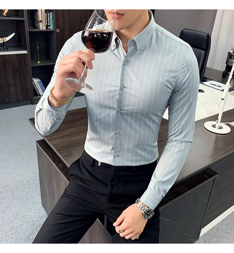 New Men's Luxury Shirts Long Sleeve Slim Fit Striped Dress Shirt Men White Wedding Shirt Camisa Masculina