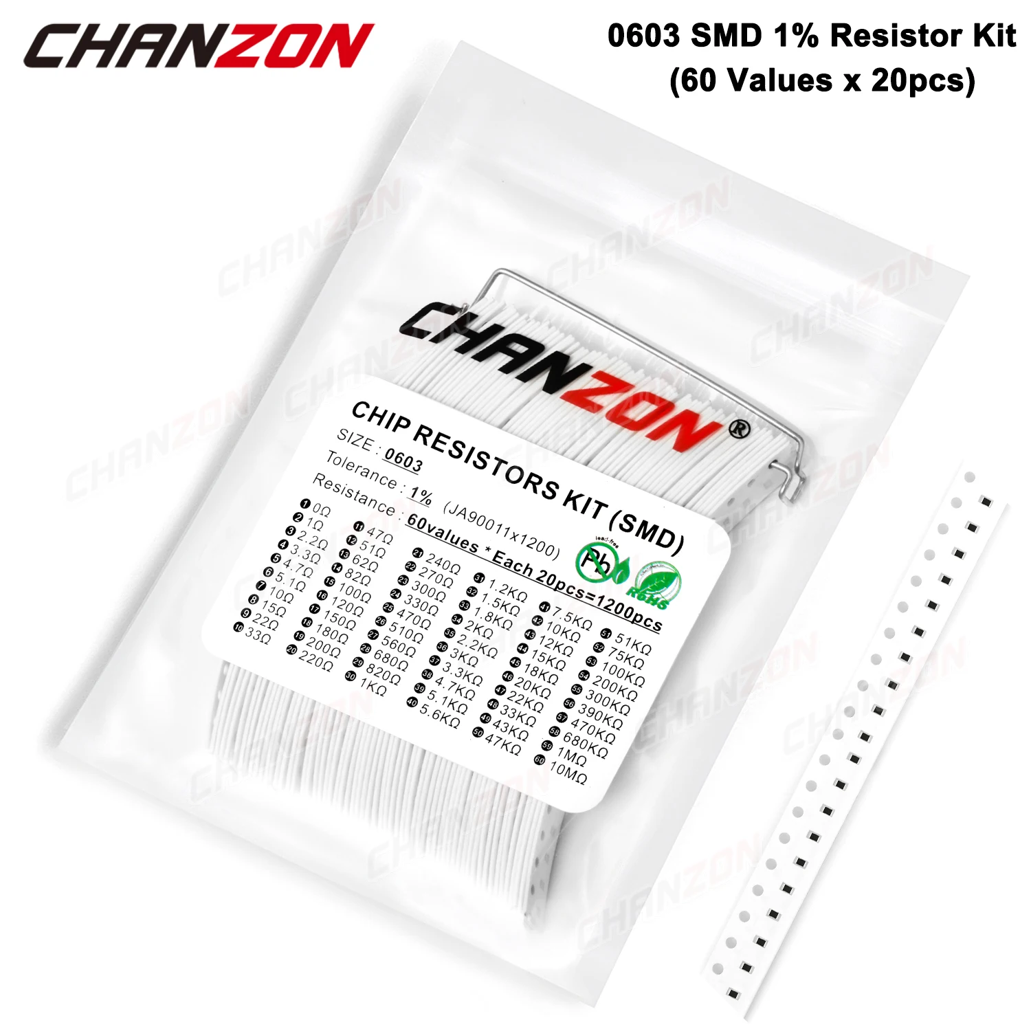 1200 Pcs SMD 0603 Resistors Assorted Set (60 Values x 20Pcs) 0ohm - 10M Ohm 1/10 Watt 1% High Precision Film Chip Resistance Kit