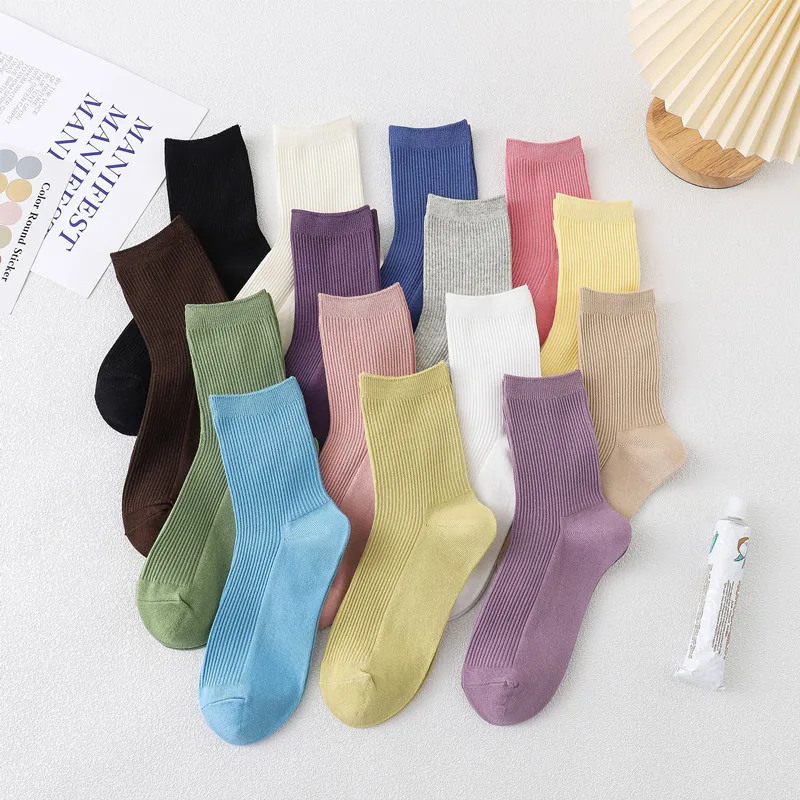 

Women Socks Japanese Double Needles Knitting Candy Color Socks Korean Harajuku Solid Mid-Tube Casual Student Socks Preppy Style