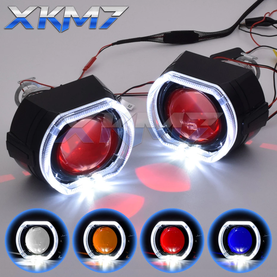 Motorcycle Headlight HID BI-XENON Projector Lens Dual Angel Eyes Devil Eye Kit