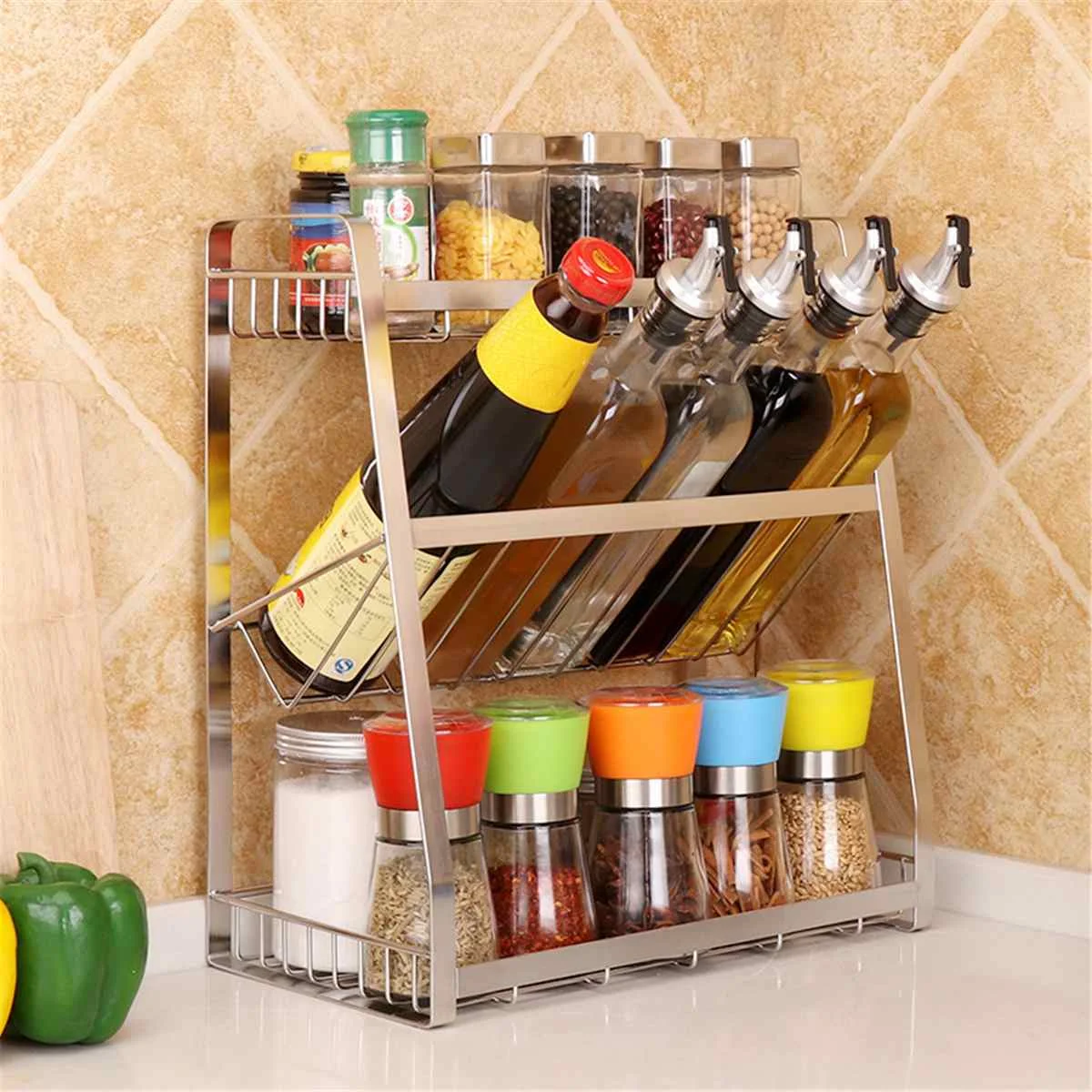 

3 Layers Kitchen Spice Rack 304 Stainless Steel Countertop Spice Jars Bottle Shelf Kitchen Organizer Shelf Storage Holder Black