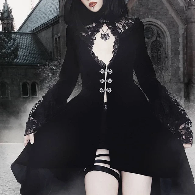 Stylish Black Frock Lace Stitching Dress Gothic Lolita Dress Hollow Pleated Dress Dark Streetwear Irregular Frock 3