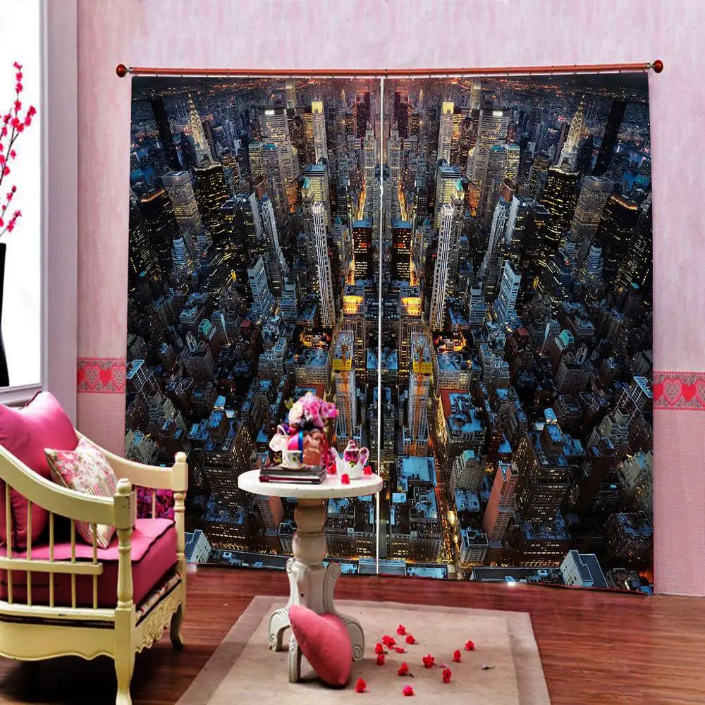Night City Buildings Urban View Curtain Photo Printed For Living room Bedroom Blackout Window Drapes Sets (Left and Right Side) | Дом и сад