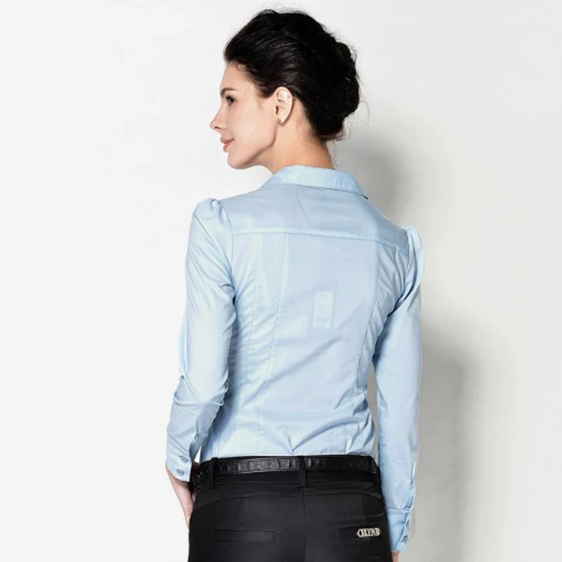 Office Blouse Solid Body Shirt Turn-down Collar V Neck Long Sleeve Blouse Buttons Up Women Tops and Blouses Light blue White 3