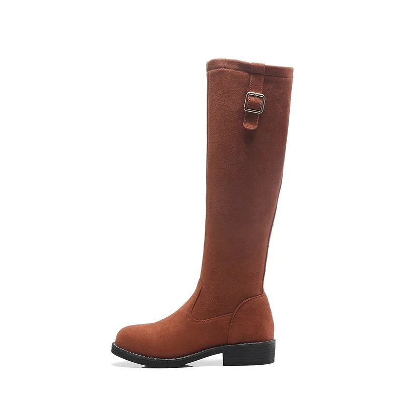 EGONERY winter new concise knee high boots outside comfortable mid heels round toe flock women shoes drop shipping size 32-43