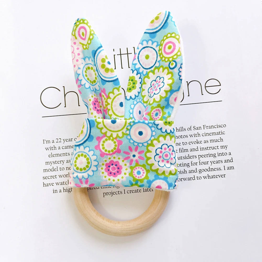 Soft Newborn Baby Teethers Wooden Ring Baby Bunny Ear Teether Teething Toy Rabbit Ear Safe Soothing Chew Shower Gift New