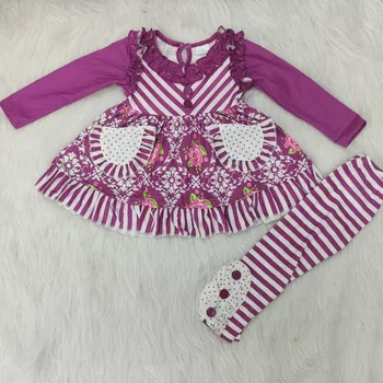 

Yawoo baby girls fall burgundy striped flower design fashion long sleeve pocket ready to ship kids boutique clothing sets