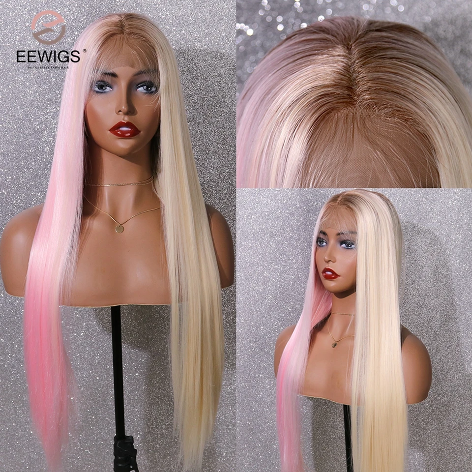 EEWIGS-peluca con malla frontal sintética para mujer, pelo liso, resistente al calor, color marrón, Ombre