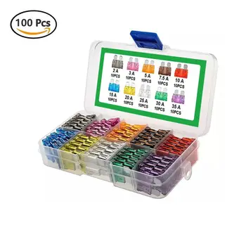 

100PCS Car Auto Assortment Blade Fuse Tablets Replacement Kit Zinc Material Medium Size 2A/3A/5A/7.5A/10A/15A/20A/25A/30A/35A