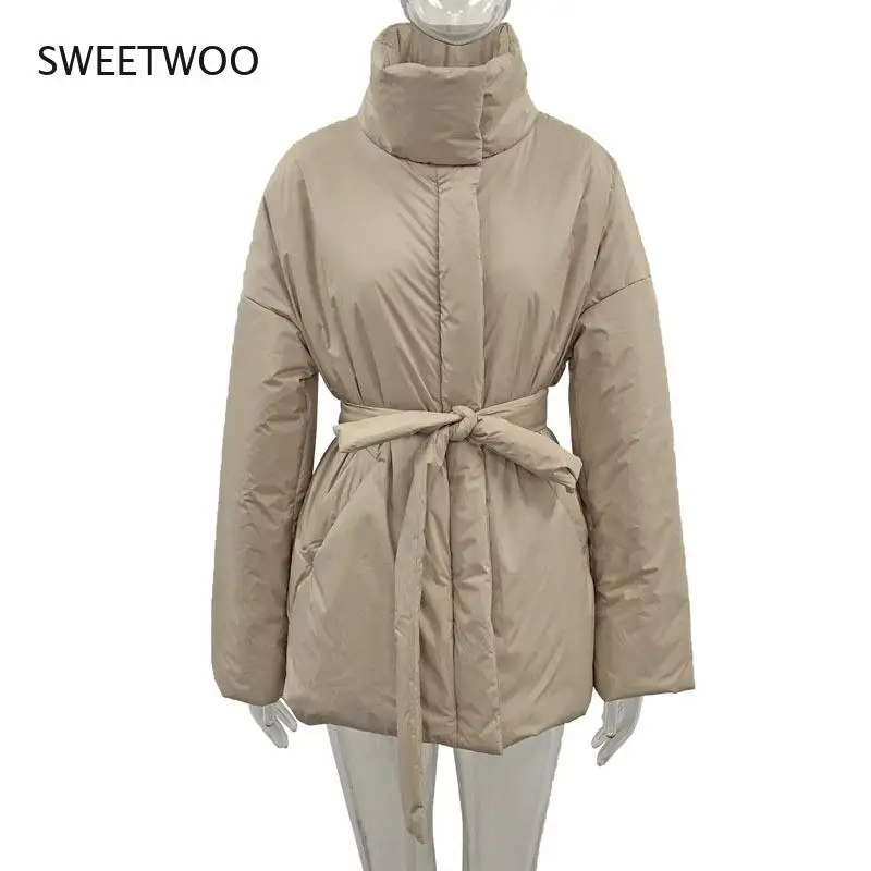 Casual Collected Waisted Parkas Women Fashion Simple Coats Women Elegant Spring Stand Collar Cotton Jackets Female Ladies