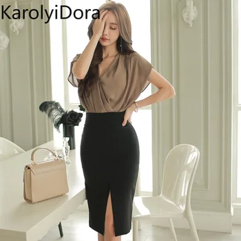 

Office Ladies 2 Pieces Set Women Sleeveless V-neck Tops & Side Split Pencil Skirt Elegant Female Set 2020 Summer