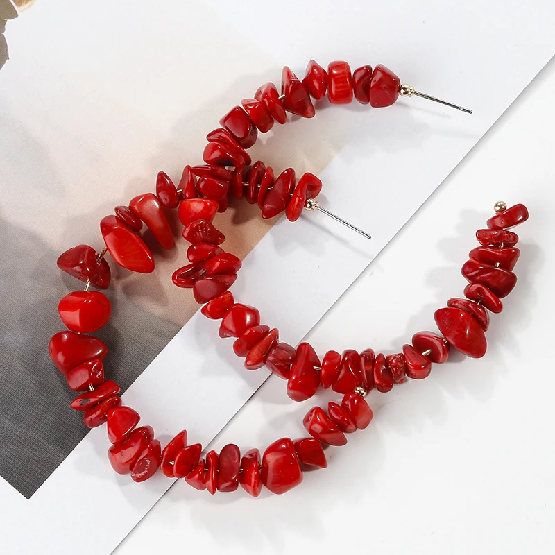 AMORCOME Bohemia Beads серьги-кольца для женщин новые винтажные красные синие каменные массивные серьги Открытый круг вечерние ювелирные изделия подарок