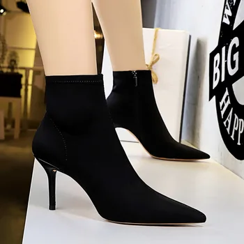 

2020 Spring/Autumn Women Ankle Boots High Thin Heel Pointed Toe Zip Solid Fashion Sexy Lycra Fibre Ladies Women Shoes Short Boot