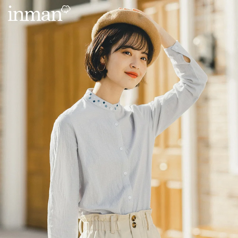 

INMAN 2020 Spring New Arrival Literary Sweet Embroidered Collar Long Sleeve Pure and Fresh Loose Blouse