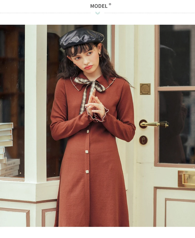 INMAN Autumn Winter New Arrival Retro Style Plaid Pattern Bow Tie Knot Young Women Lady Dress
