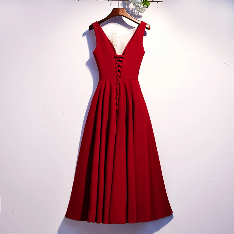 Burgundy Prom Dresses Vestidos De Gala Short Prom Dress Scoop Neck Prom Dress Vestidos De Coctel Tea-Length Prom Dresses
