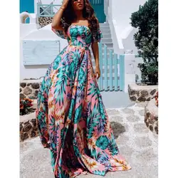 2019 женское летнее длинное богемное Платье макси с цветочным принтом, праздничные платья с открытыми плечами, пляжный Сарафан