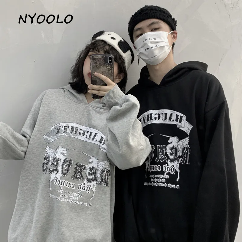 NYOOLO Harajuku винтажные флисовые толстовки с принтом лошади и буквами осень-зима плюс бархатные теплые пуловеры с капюшоном Толстовка для женщин и мужчин