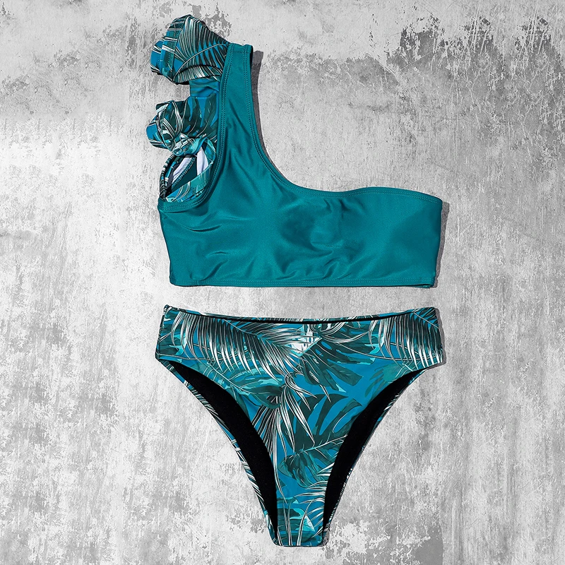 

ZTVitality Ruffles One Shoulder Sexy Bikinis 2020 New Arrival Padded Leaves Swimsuit High Waist Swimwear Women Brazilian Bikini