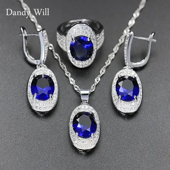 

Dandy Will Blue Sapphire Wedding Jewelry Sets For Women 12 Color Topaz Amethyst Garnet Necklace Earrings Ring Jewelry