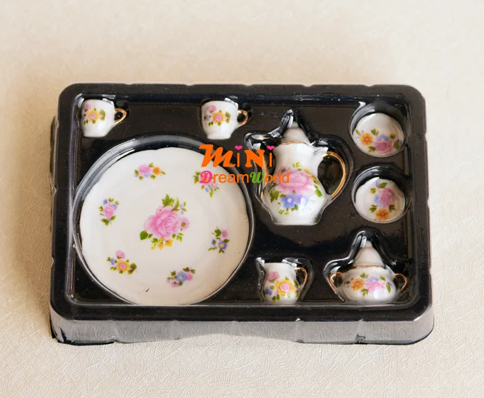 [Dollhouse Mini Furniture Accessories Model] 6 Points Classical British-Style Rose Large Tea Set