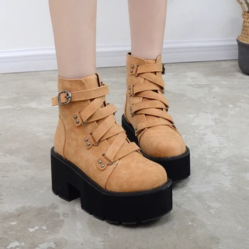 baratas Camurça Do Falso Fivela Decoração Botas De Plataforma Das Mulheres Dedo Do Pé Redondo Cross-amarrado Ankle Boots Para As Mulheres Goth Do Punk Preto Botas Mulheres